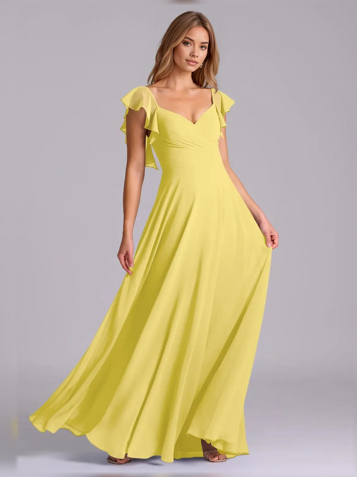Lemon yellow pleated chiffon A-line maxi dress, V-neck with ruffled flutter sleeves