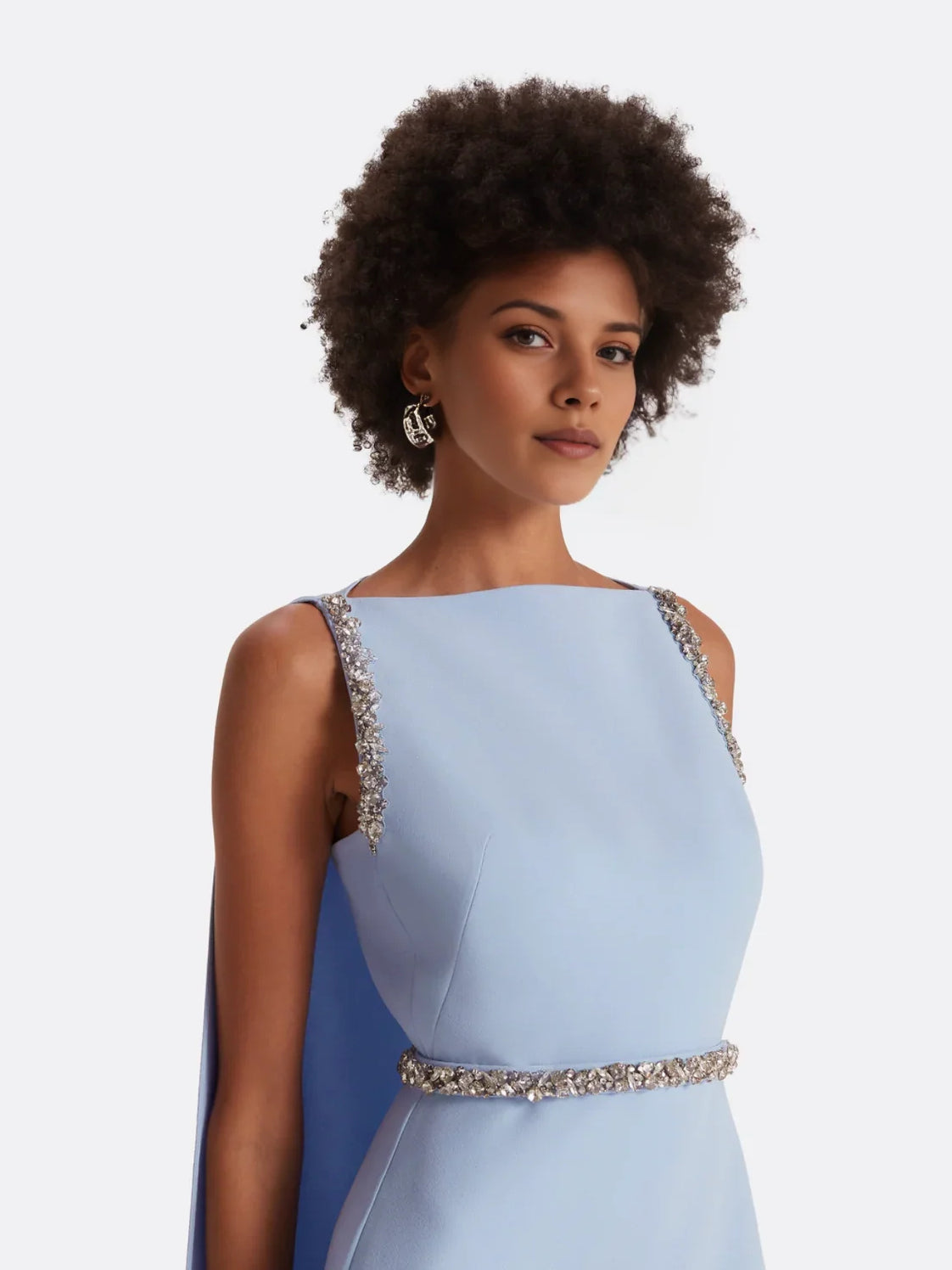 Light blue mermaid formal dress close-up, sleeveless with beaded neckline and waist trim