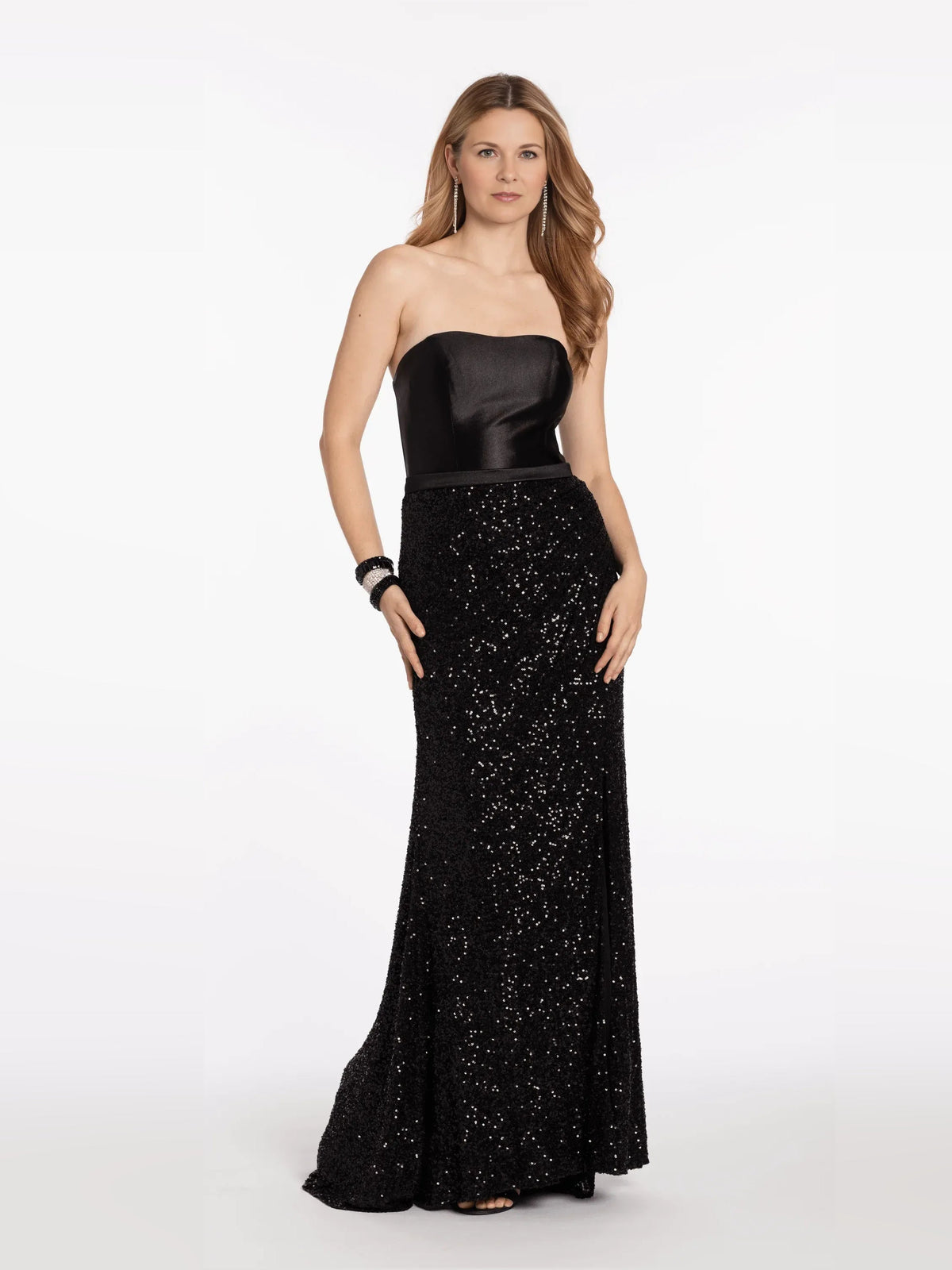 Black strapless satin corset bodice with sequin mermaid formal dress