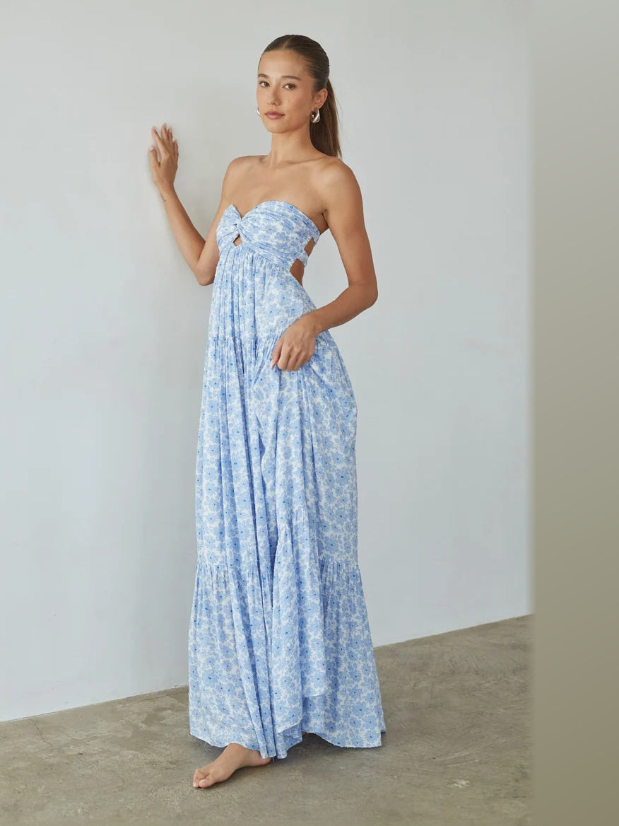Blue Floral formal dress with a-line shape