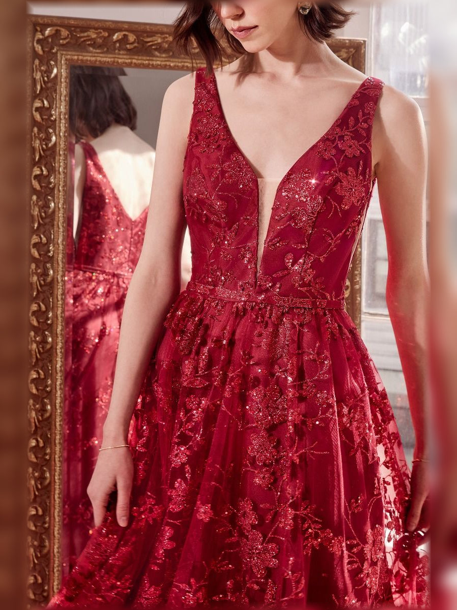 Floral V-neck A-line formal dress in deep red with fitted bodice and flowing skirt