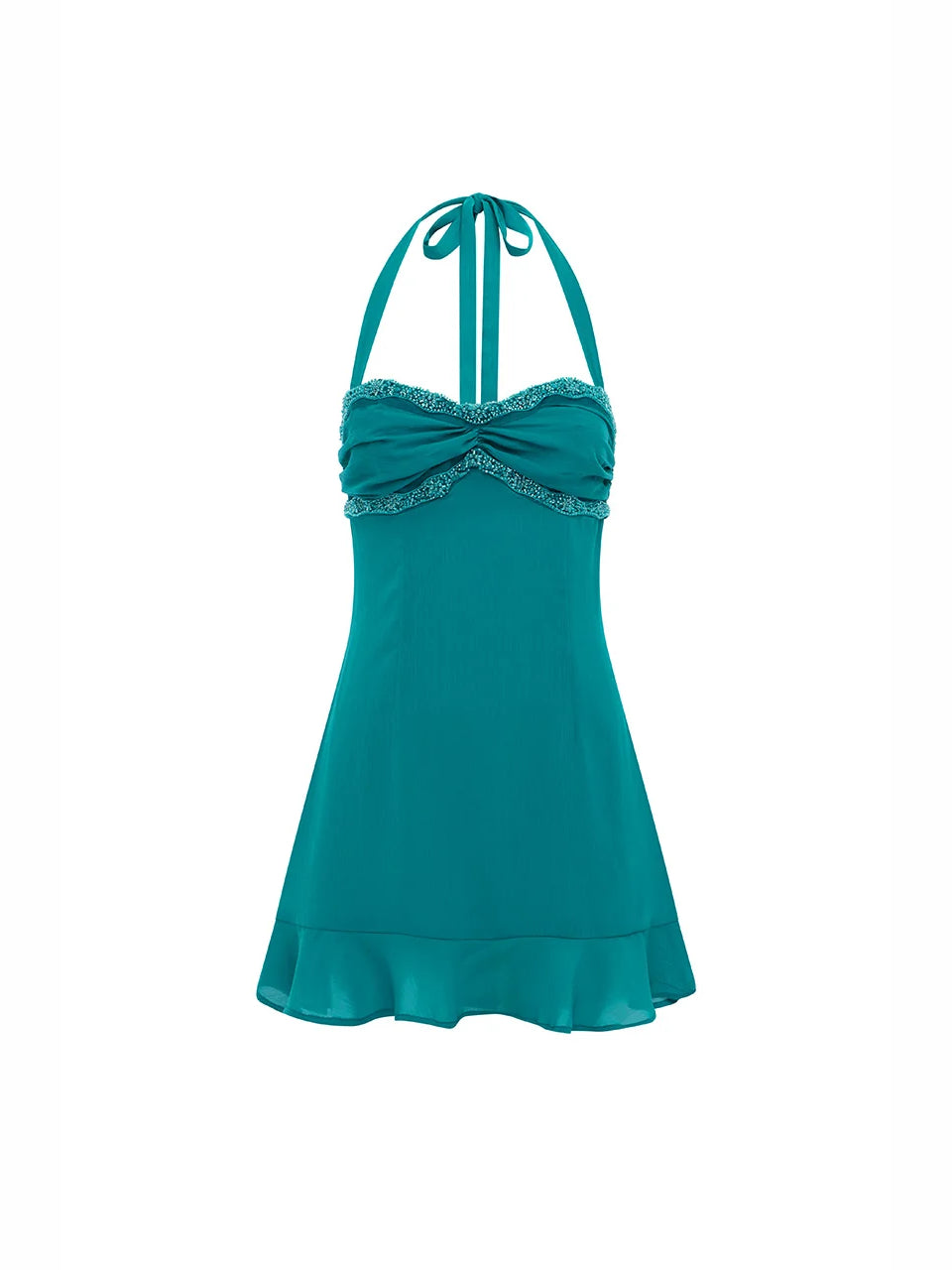 Ocean blue halter mini dress with beaded strap bodice and tiered skirt