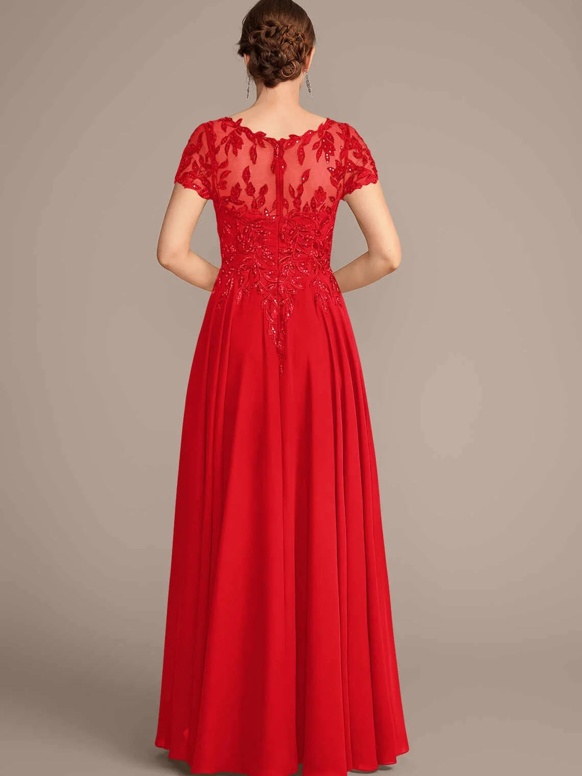 Red A-line chiffon dress with illusion neckline, lace cap sleeves, pleated skirt