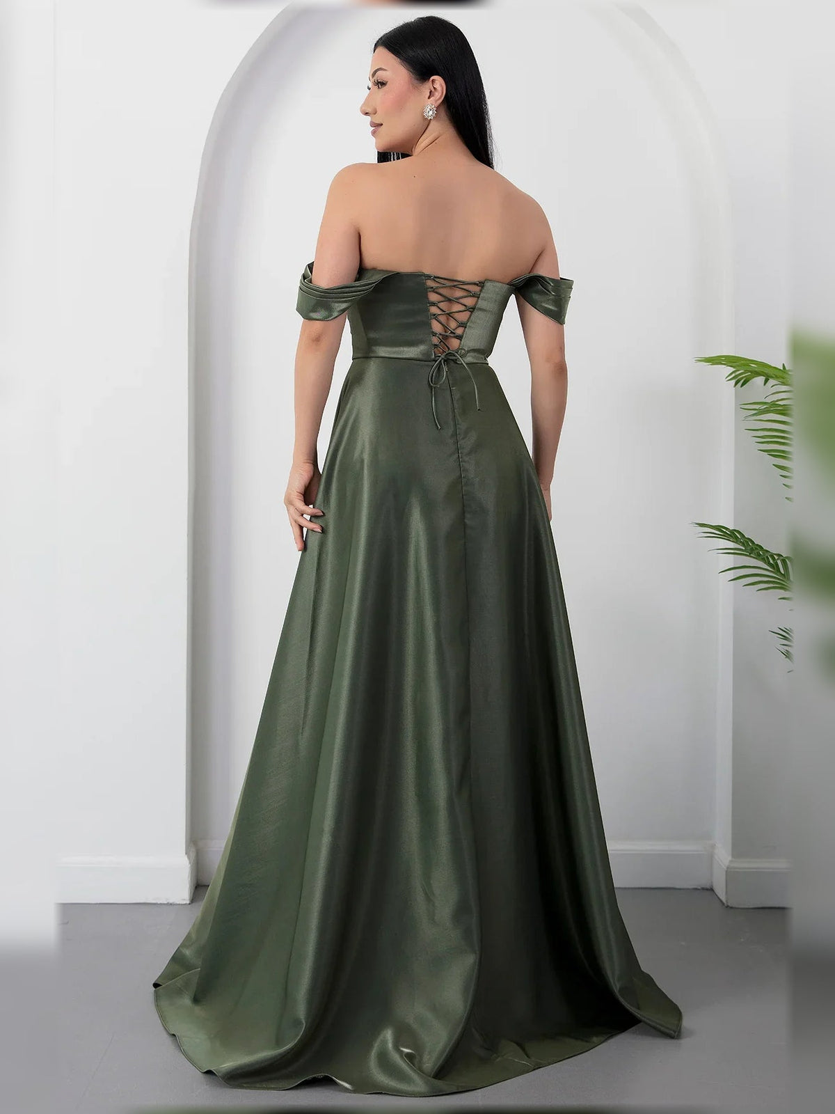 Moss green off-shoulder corset formal dress with crisscross back, floor-length