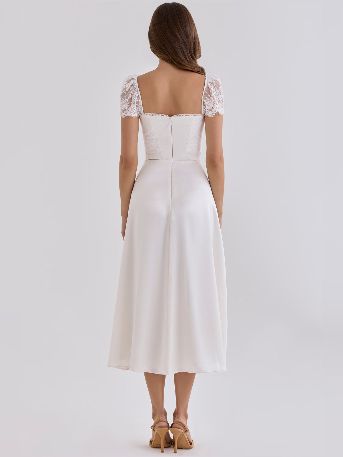 White satin midi dress, back view, with lace cap sleeves