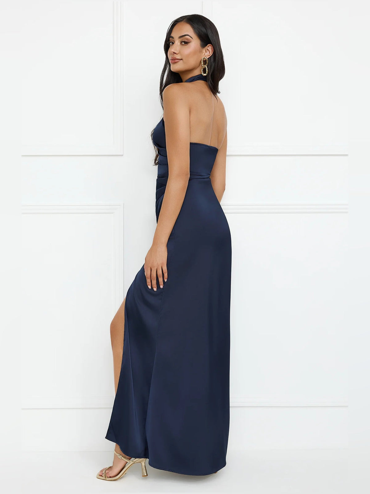 Navy sheath maxi formal dress with skirt slit, alternate view showing the skirt