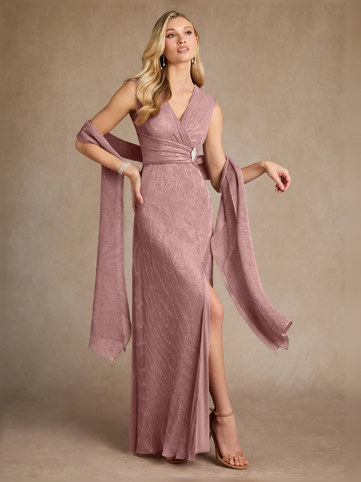 Dusty rose V-neck maxi sheath dress with draped wrap sash and thigh-high slit