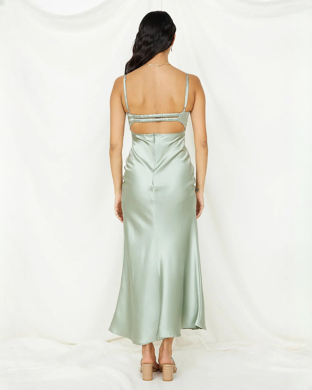 Mint green satin midi dress, racerback look with lace overlay and back strap detail