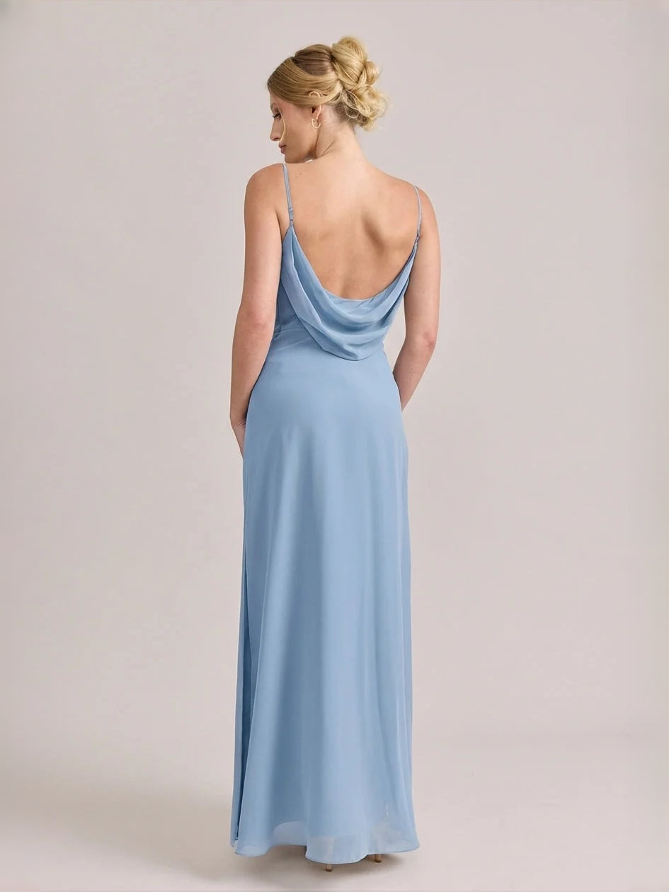 Dusty blue satin maxi dress with open back drape and long A-line skirt