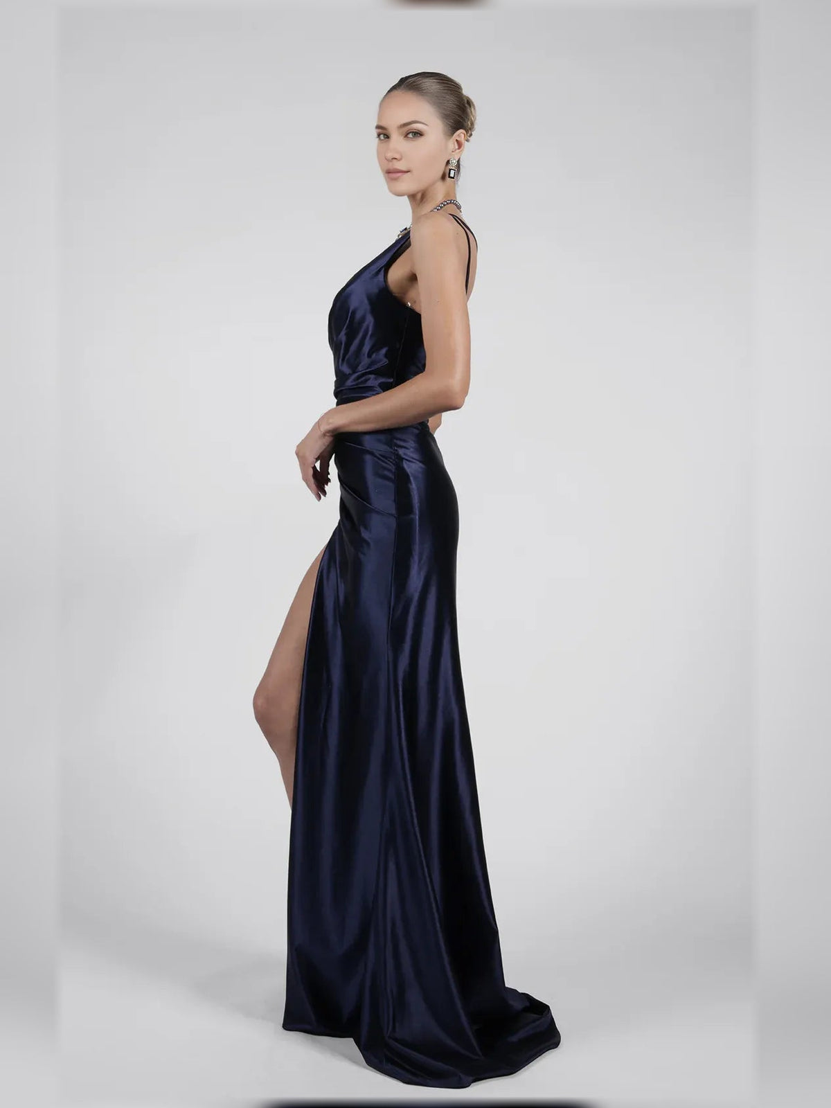 Navy one-shoulder floor-length formal dress with draped ruching and side slit