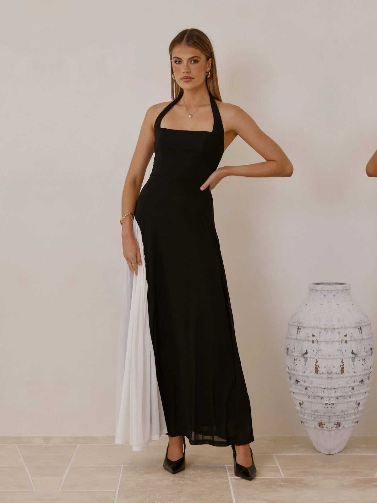 White sheath maxi formal dress with color-block panels, alternate view showing the skirt