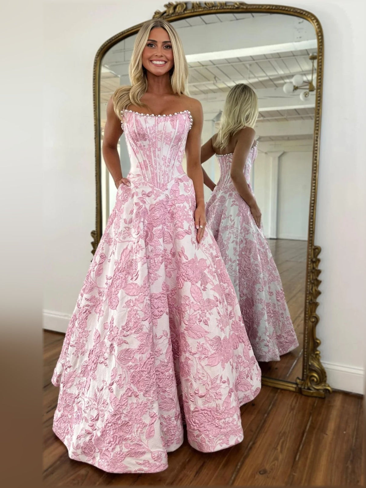 Pink sweetheart corset maxi formal dress with allover floral jacquard skirt