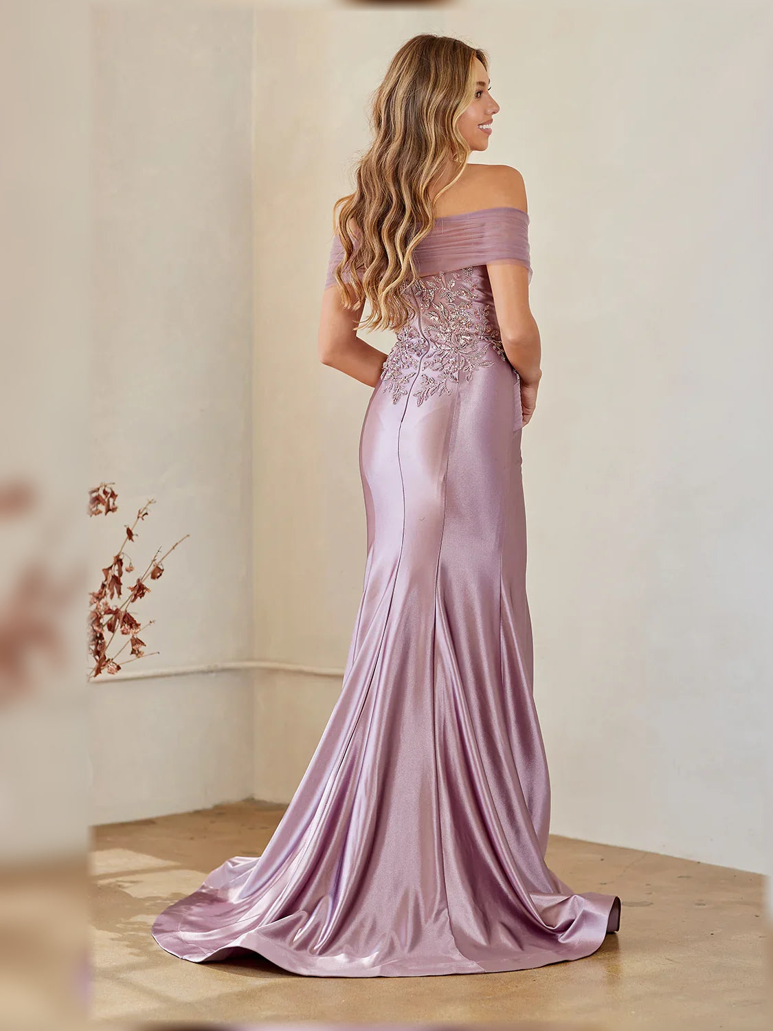 Wisteria off-shoulder beaded mermaid dress, back-leaning side view, floor-length satin