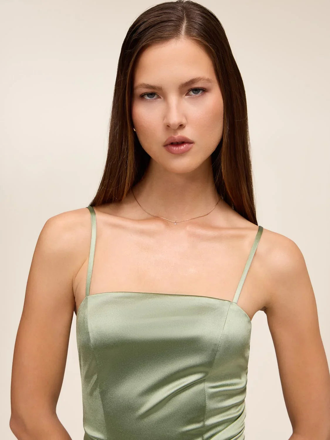 Dusty sage satin ruched square-neck bodice with thin spaghetti straps