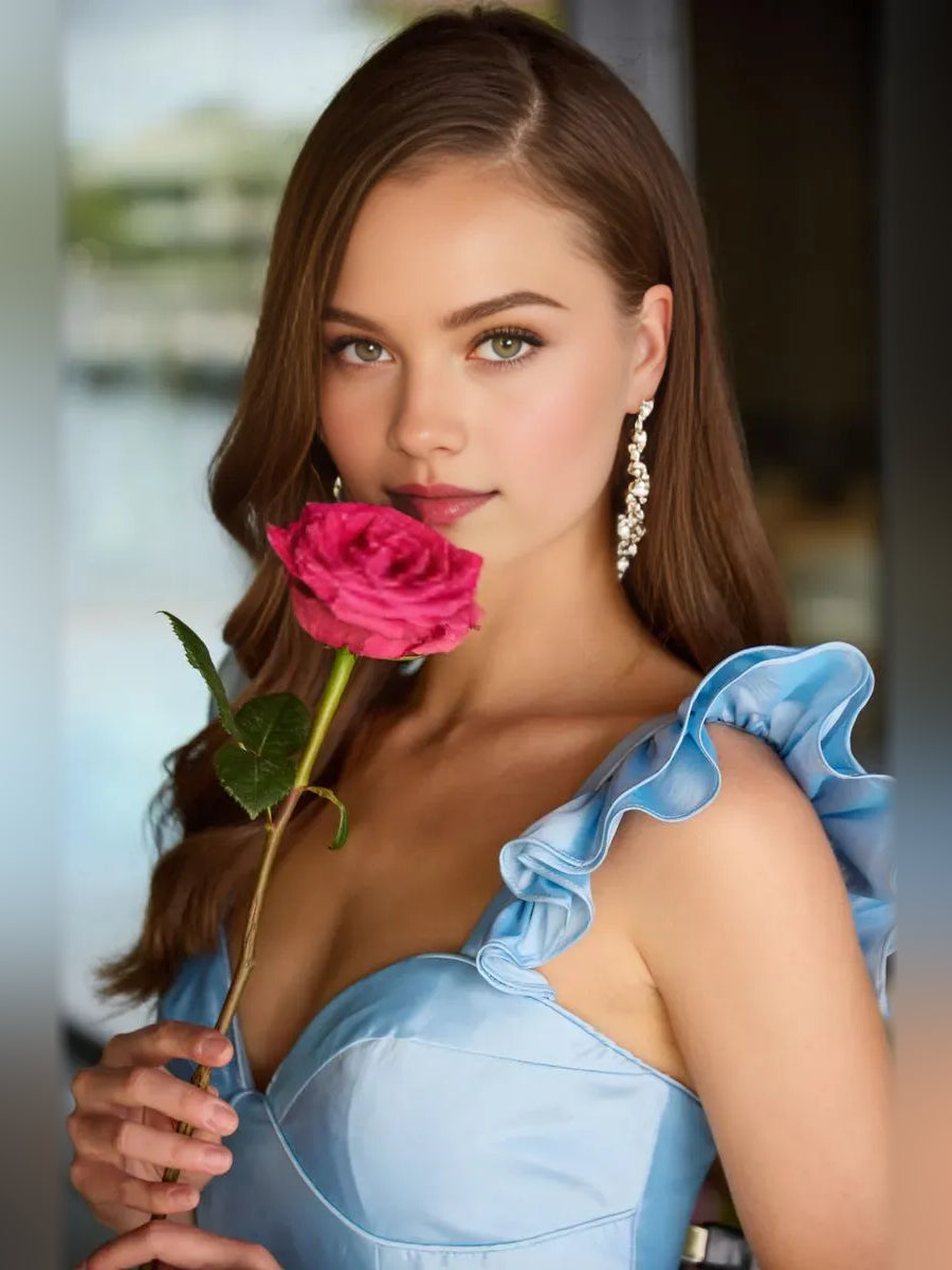 Light blue satin sweetheart bodice with ruffled shoulder sleeves and thin straps