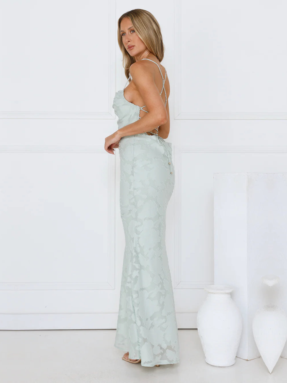Sage mermaid maxi formal dress with sweetheart neckline, alternate view showing the skirt