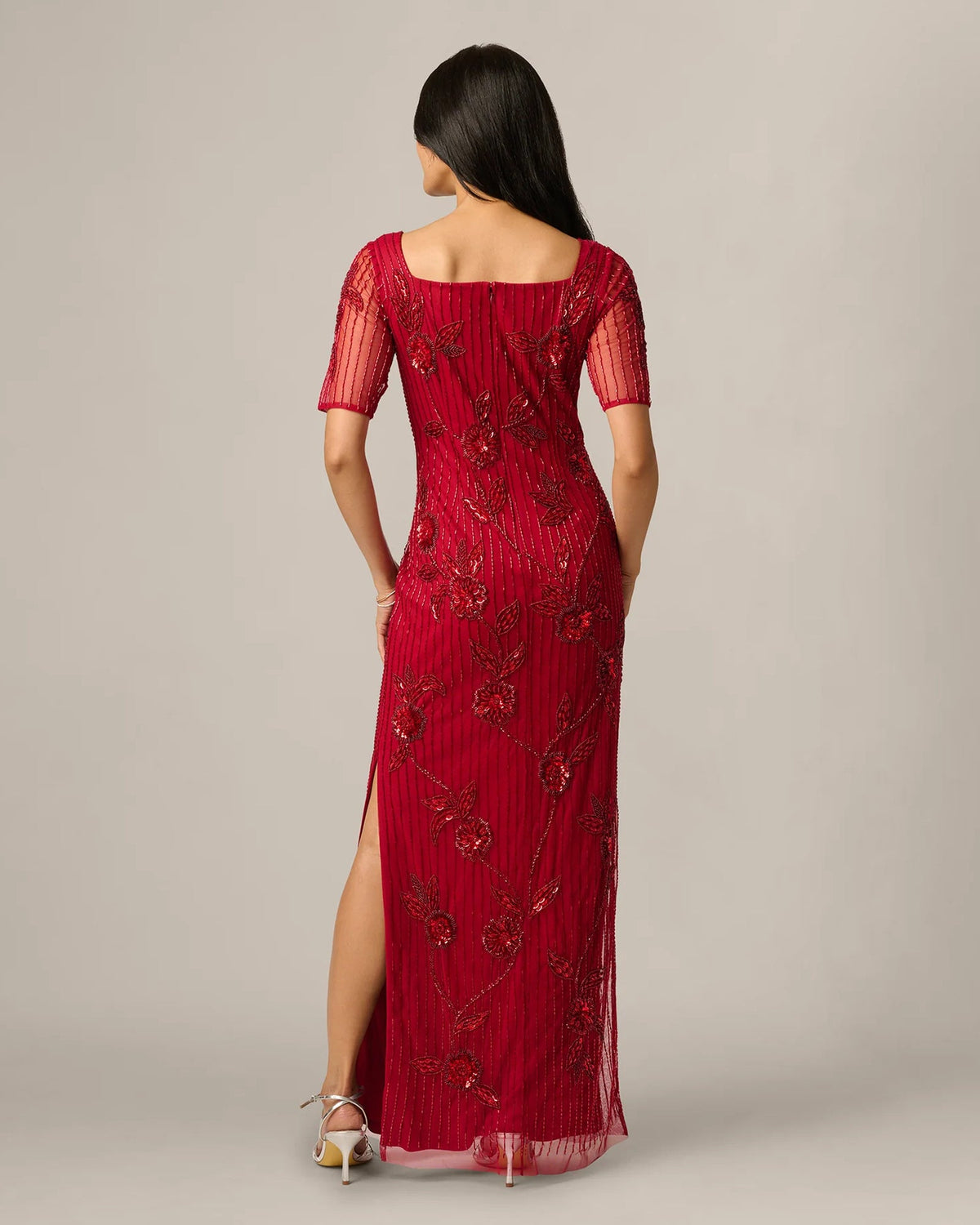 Cranberry floral embellished maxi dress with short sleeves, open back and front slit