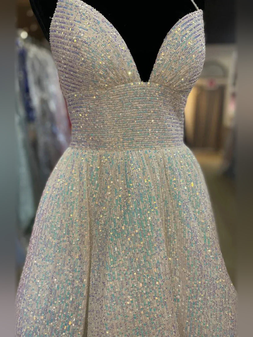 Light blue iridescent sequin mini dress with V-neck and fitted corset bodice