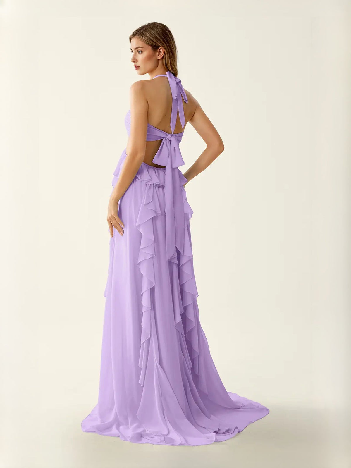 Lilac chiffon maxi prom dress with open back and tiered ruffle skirt