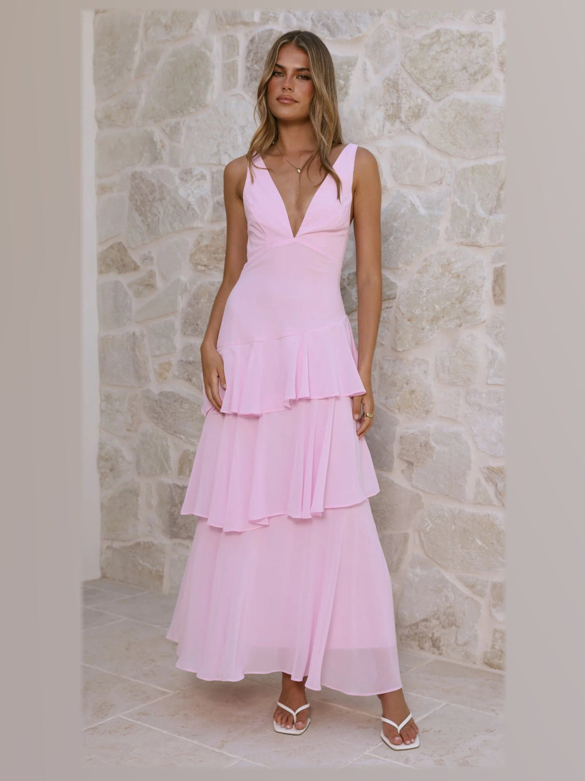 Pink maxi formal dress, alternate full-length view showing the hem