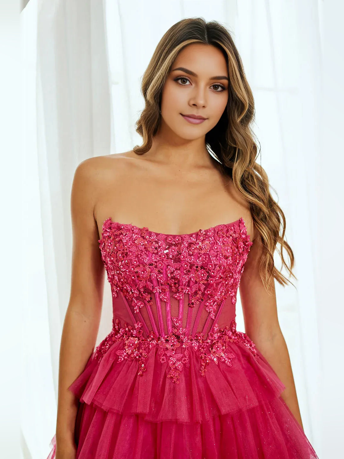 Hot pink strapless corset bodice mini tulle dress with tiered ruffled skirt