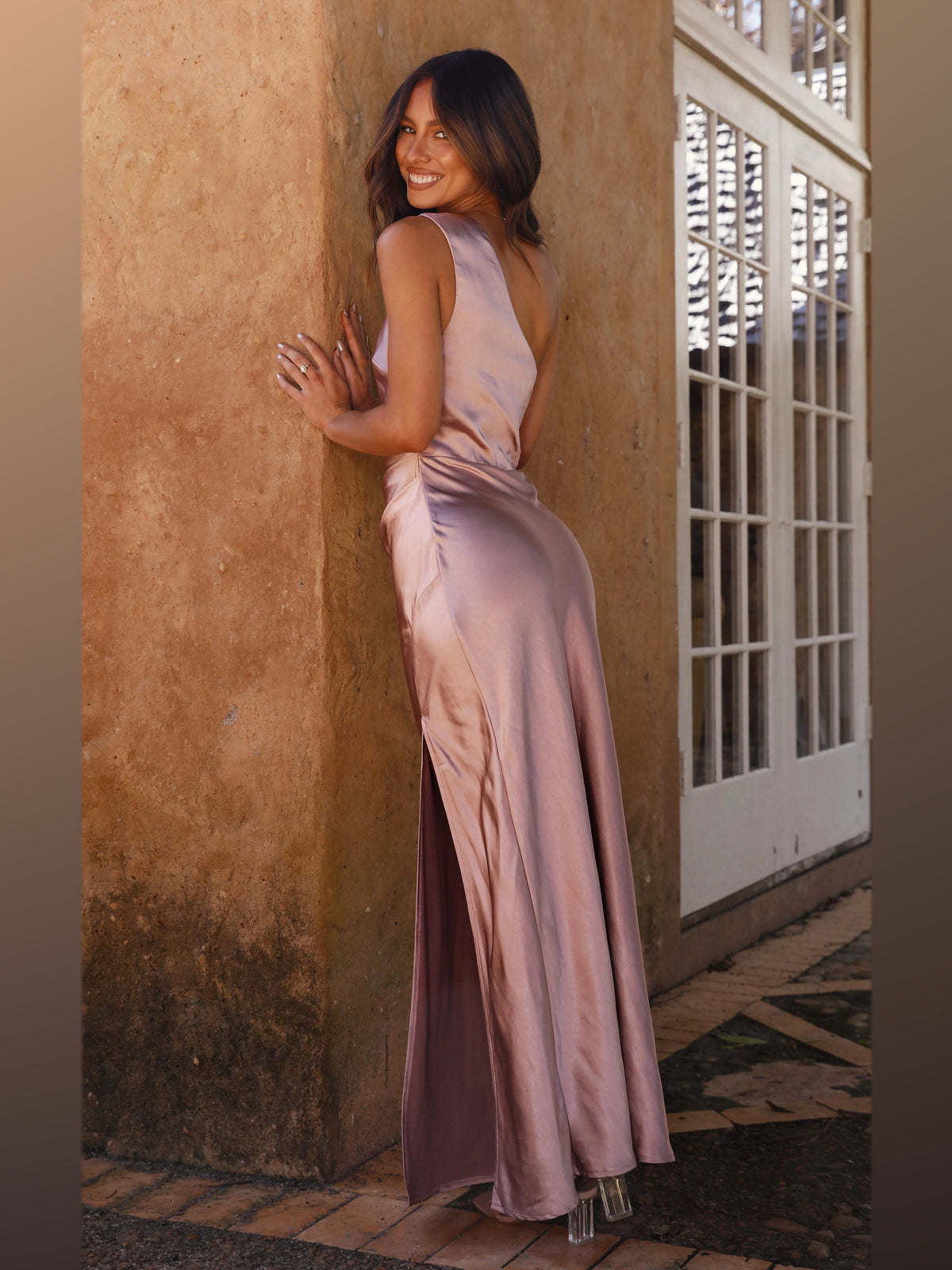 Dusty Pink maxi formal dress, alternate full-length view showing the hem