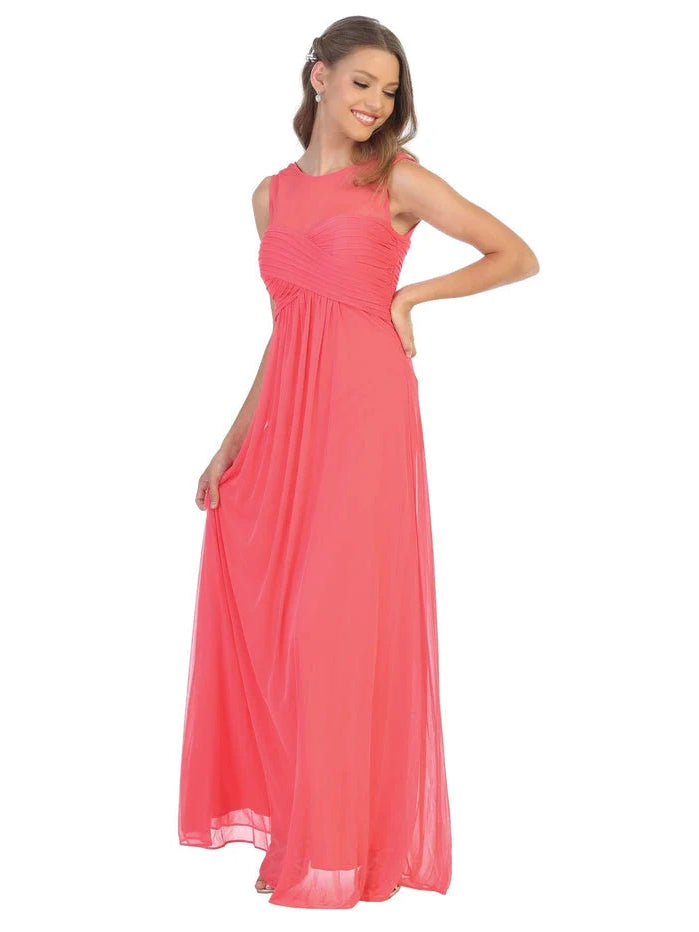 Coral chiffon A-line maxi dress with sleeveless illusion neckline and gathered waist.