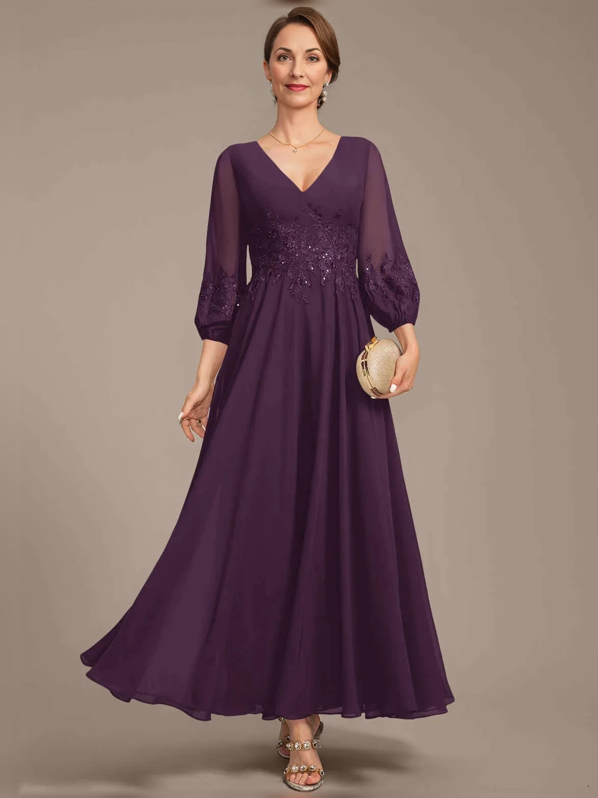 Deep purple V-neck A-line chiffon dress with beaded bodice and sheer 3/4 sleeves
