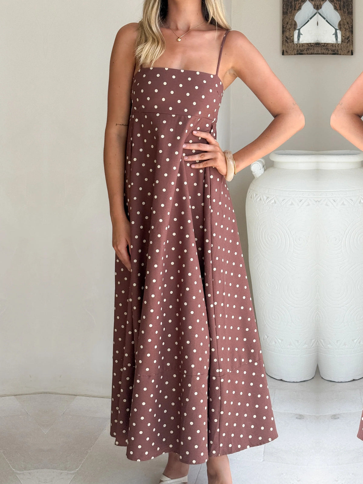Chocolate Cream Polka Dot a-line maxi formal dress with printed pattern, alternate view showing the skirt