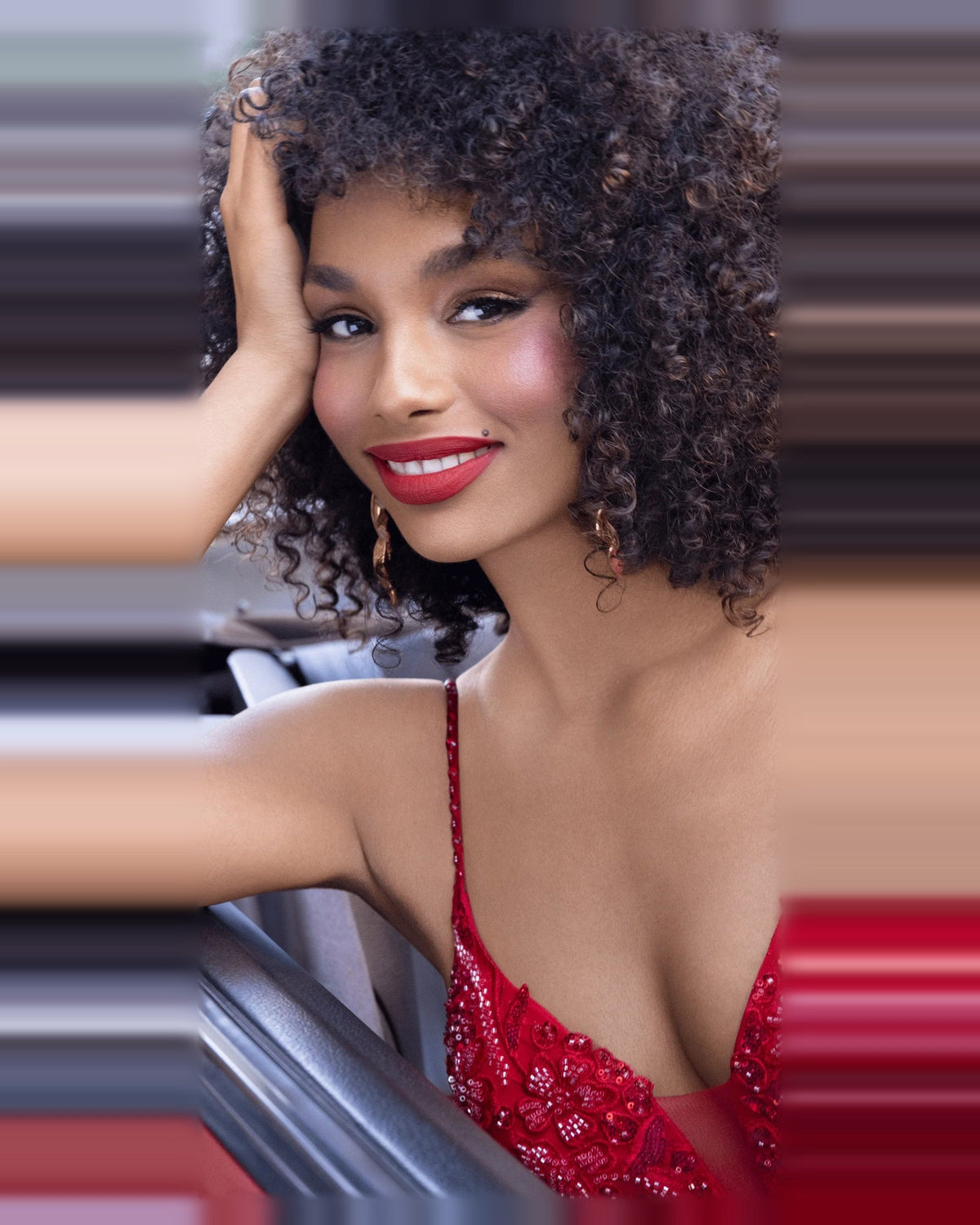 Red beaded spaghetti-strap corset dress bodice with plunging neckline