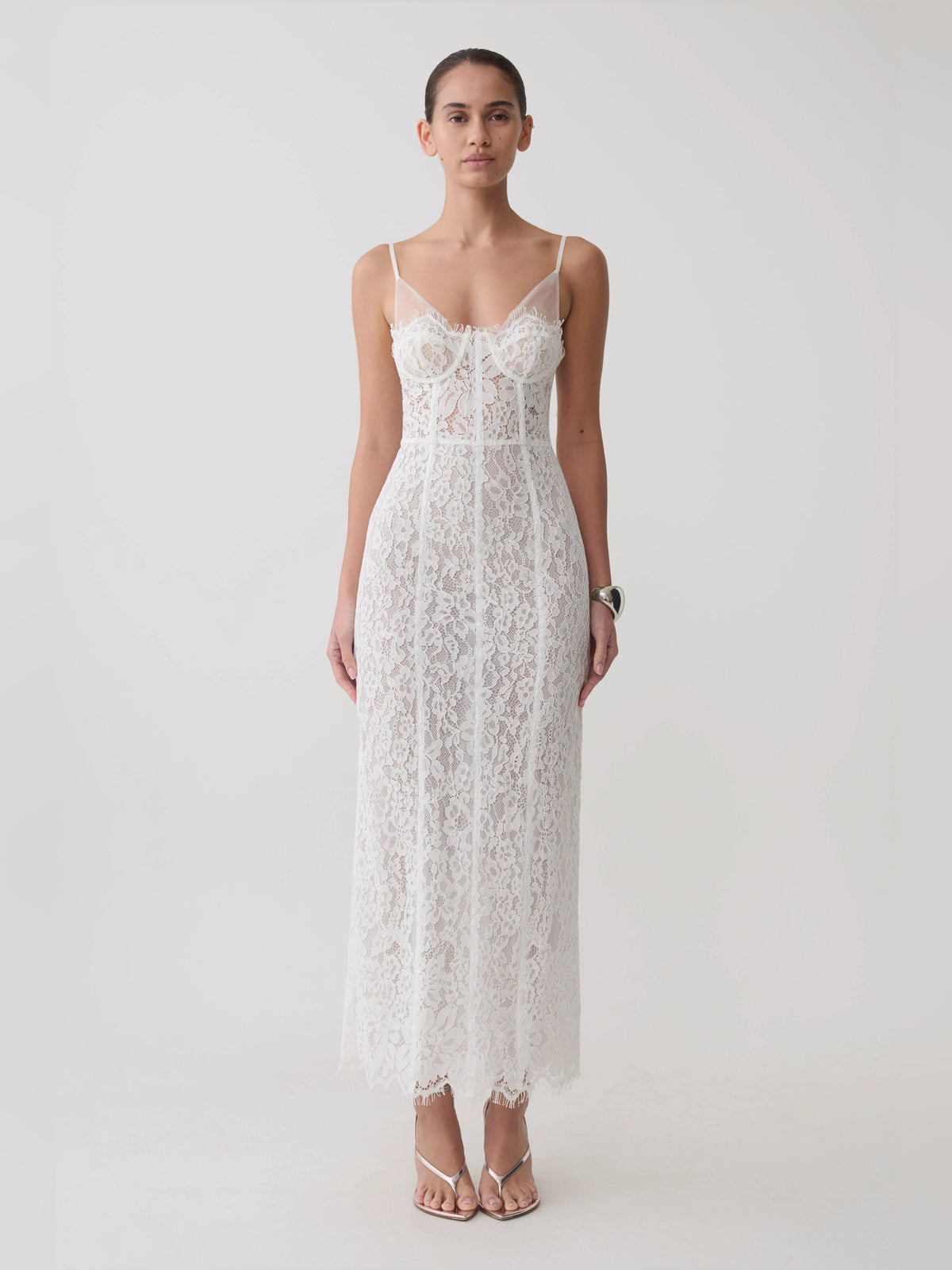 White lace and mesh midi formal dress front view with corset-style lace detailing