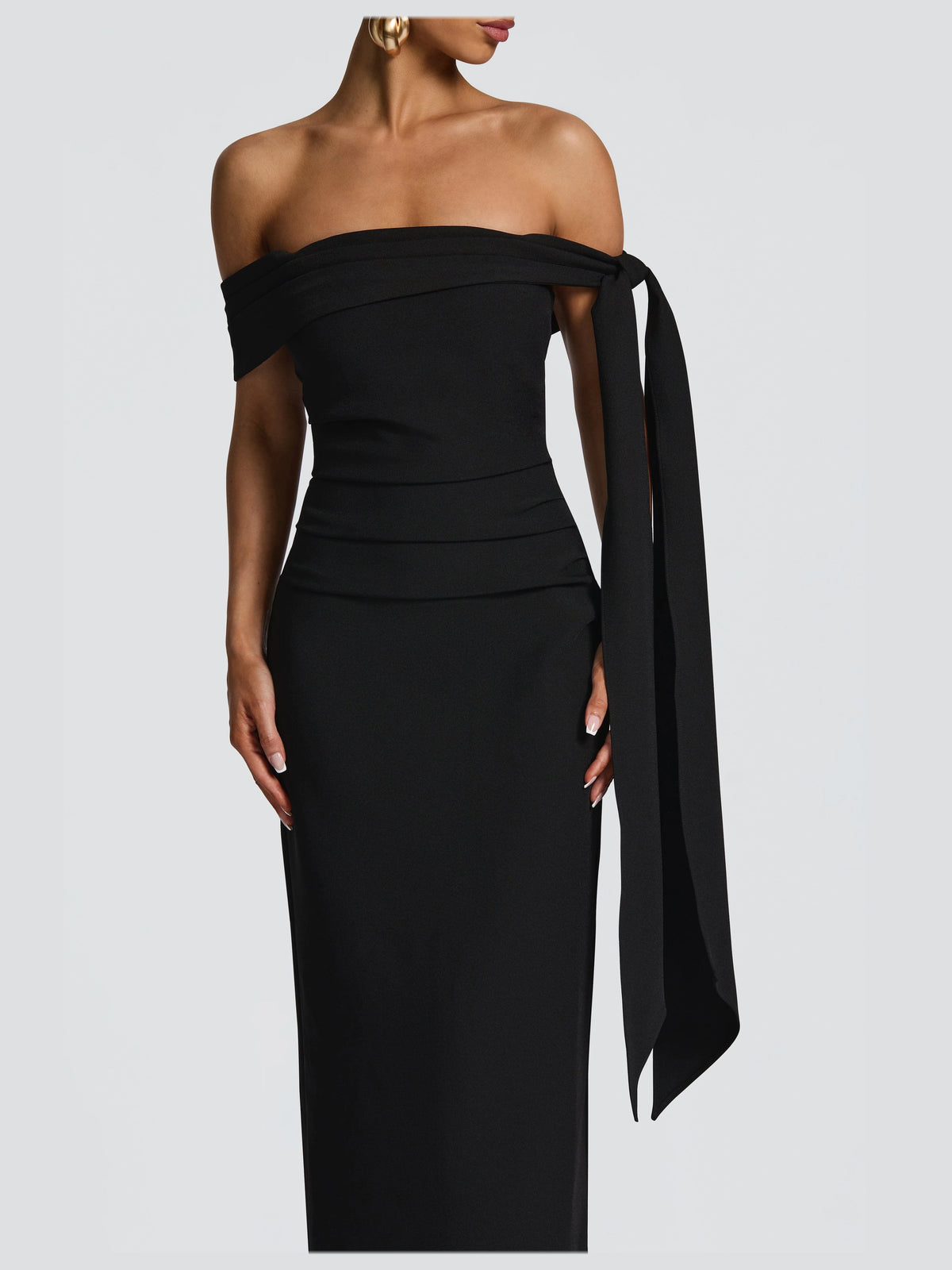 Black maxi formal dress, alternate full-length view showing the hem
