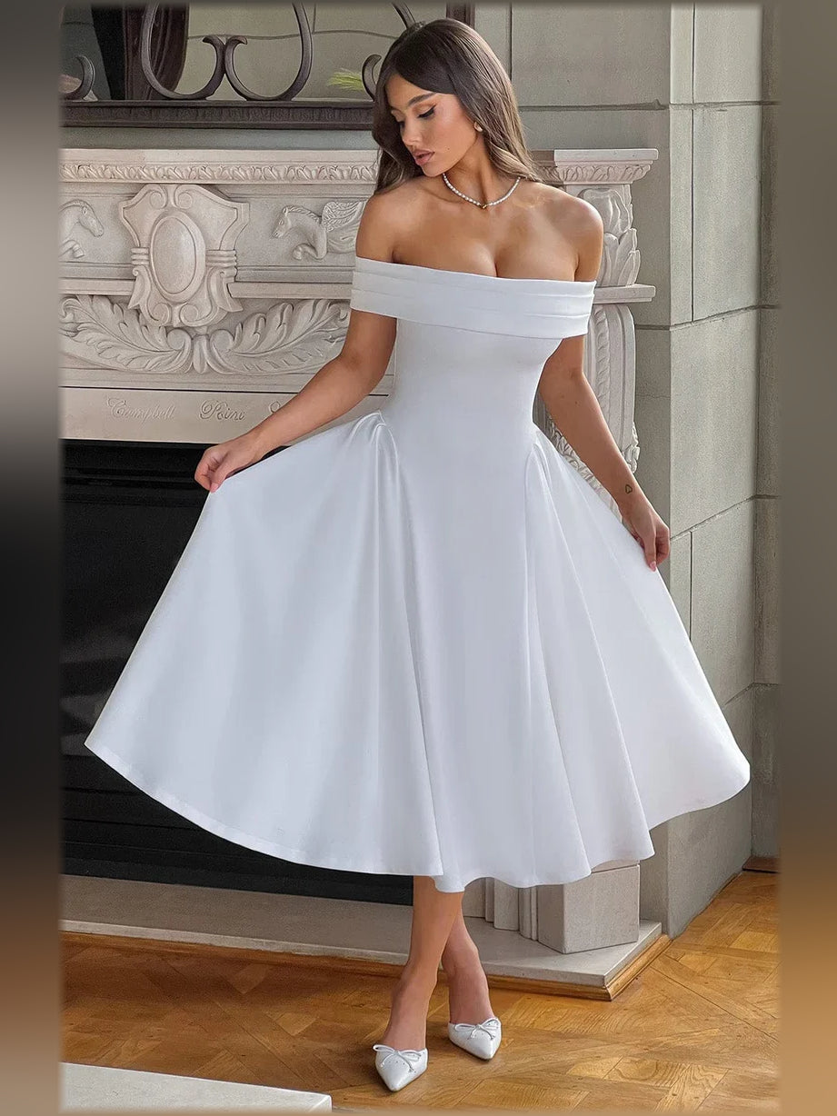 White off-the-shoulder A-line midi formal dress with gathered waist and full skirt