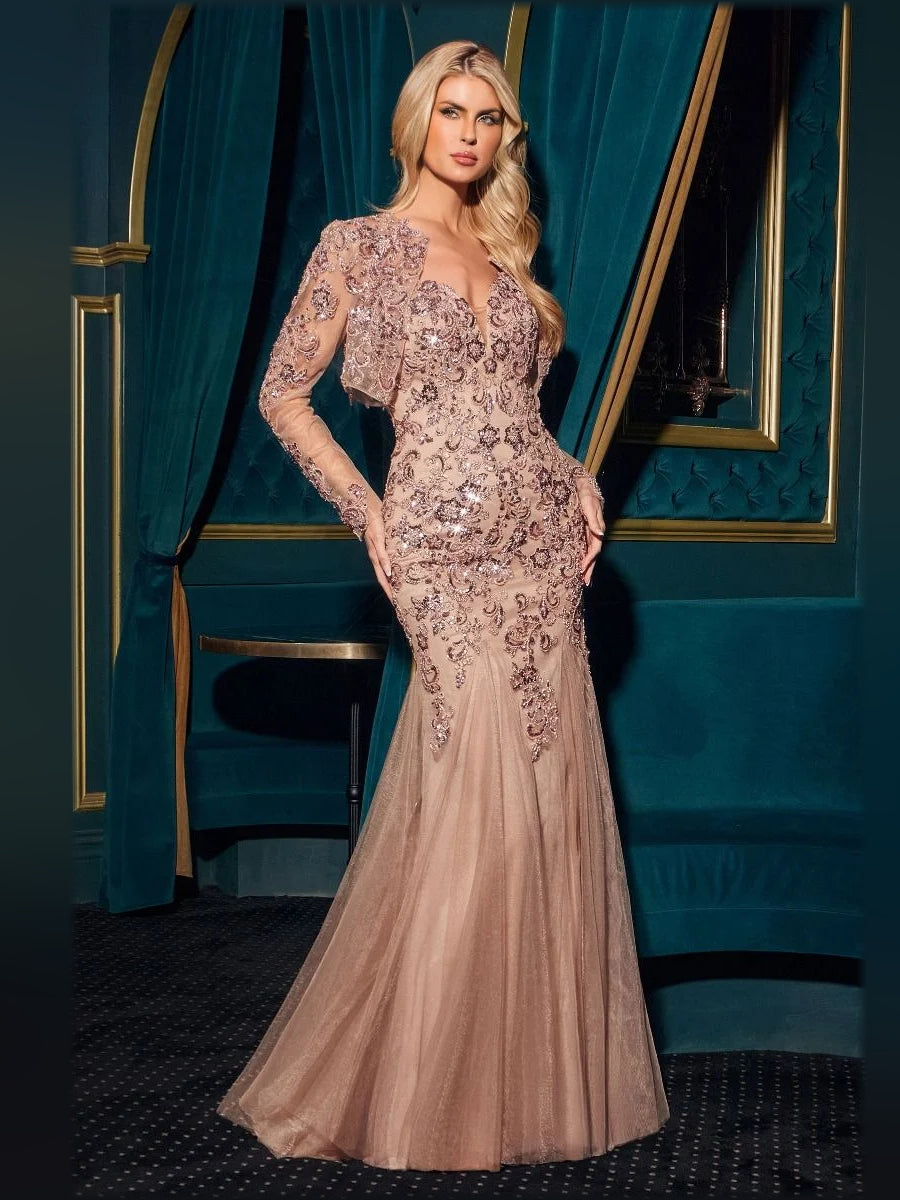 Champagne one-shoulder sequin mermaid formal dress with ornate lace-like beadwork