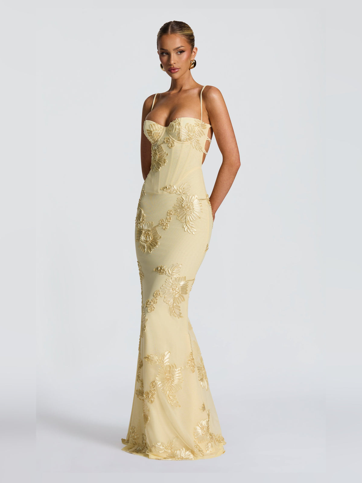 Champagne Gold mermaid maxi formal dress with embroidery, alternate full-length view