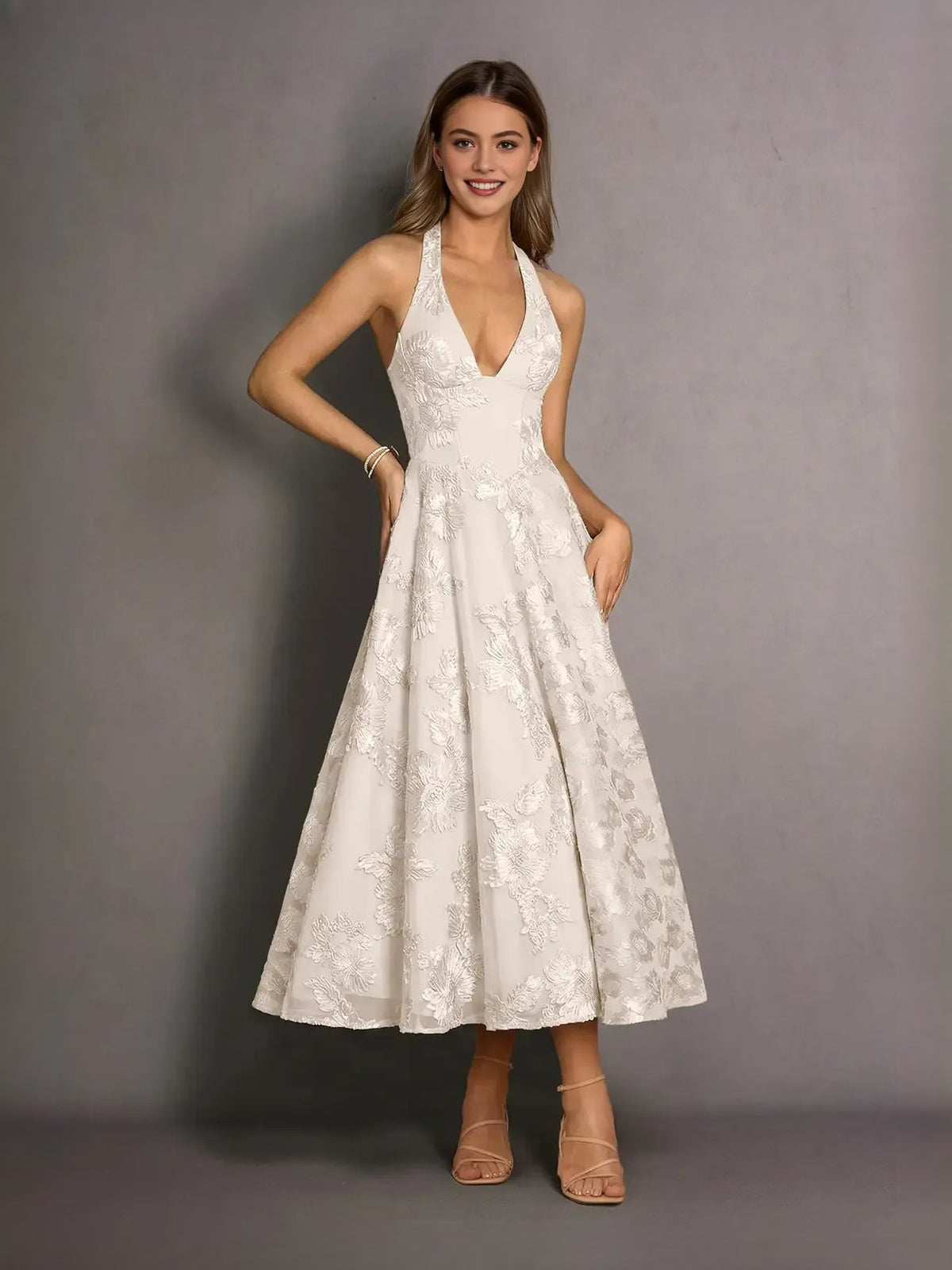 Ivory floral lace halter neck A-line midi prom dress with full skirt