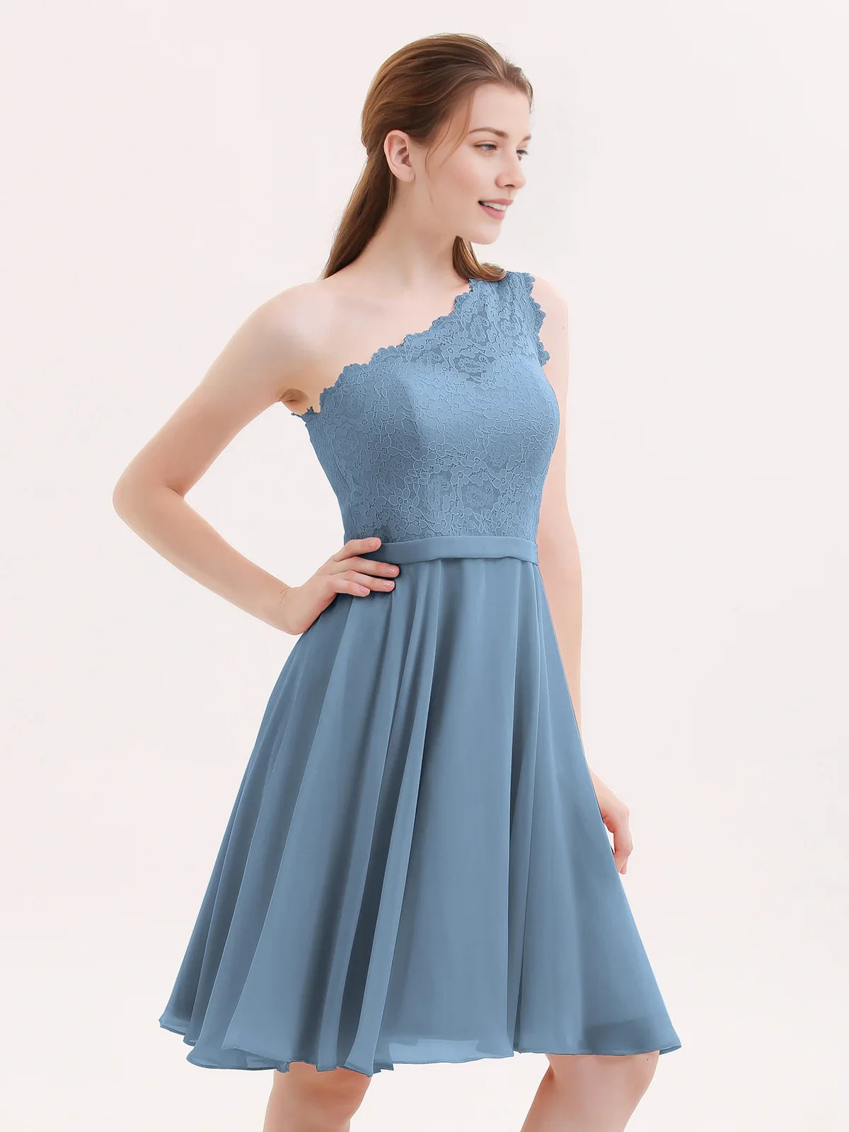 One-shoulder chiffon A-line short dress in dusty blue with textured bodice and pleated skirt