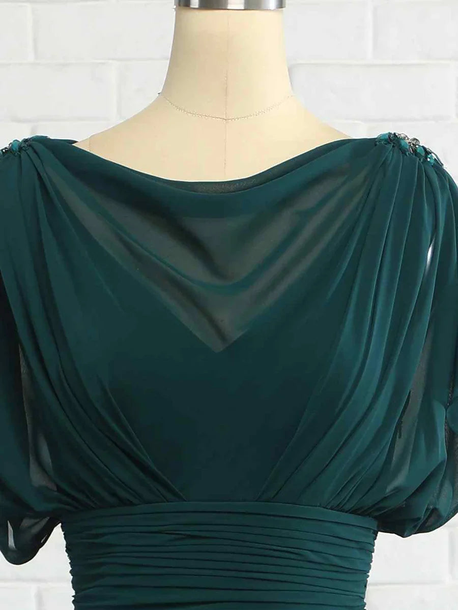 Peacock cowl-neck formal dress back with pleated ruched waist and gathered sleeves
