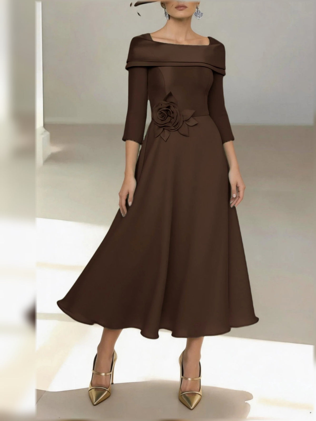 Chocolate off-shoulder A-line midi dress with 3/4 sleeves and floral waist detail