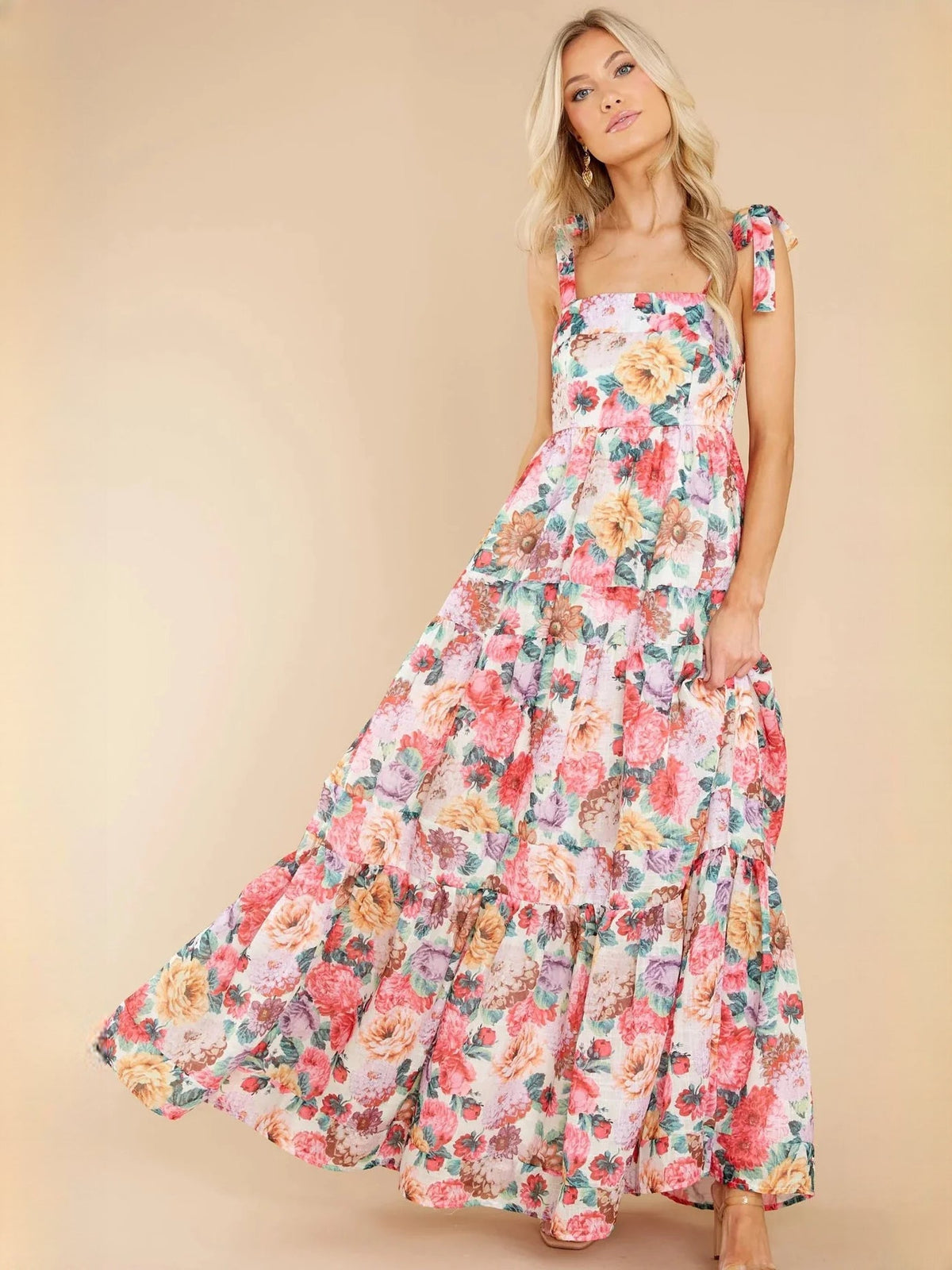 Ivory Multicolor Floral Print a-line maxi formal dress with tiered skirt, alternate full-length view showing the skirt