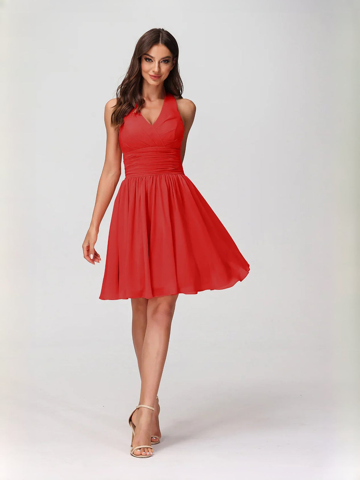 Burgundy halter A-line mini dress with V neck and ruched waist, chiffon