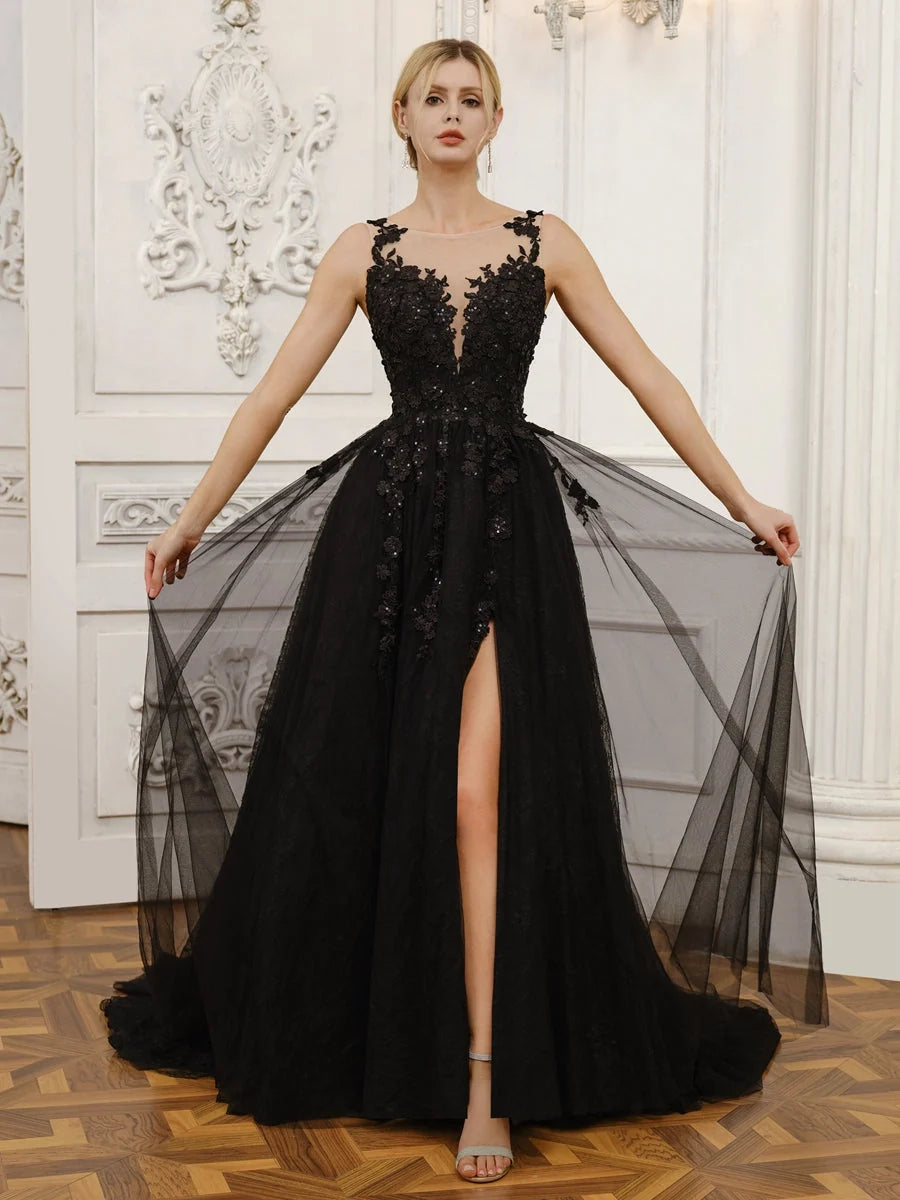 Black corset-style floral lace wedding dress with tulle overskirt and front slit