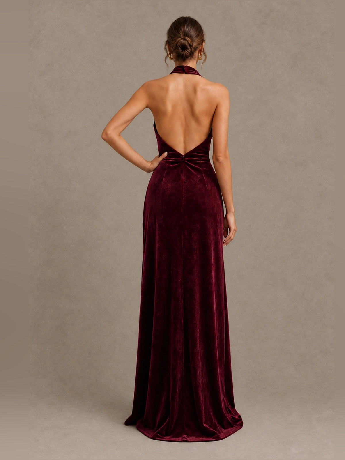 Ruched velvet halter sheath bridesmaid dress in burgundy, open back bow, floor-length