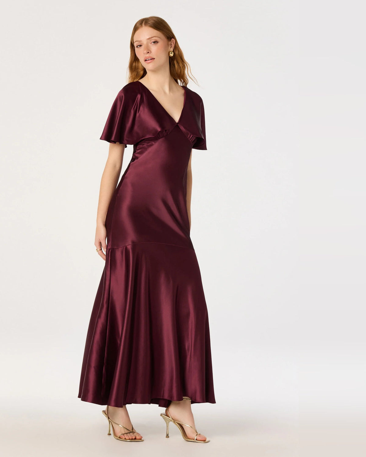 Wine satin A-line maxi dress with V-neck wrap and pleated skirt, front full view