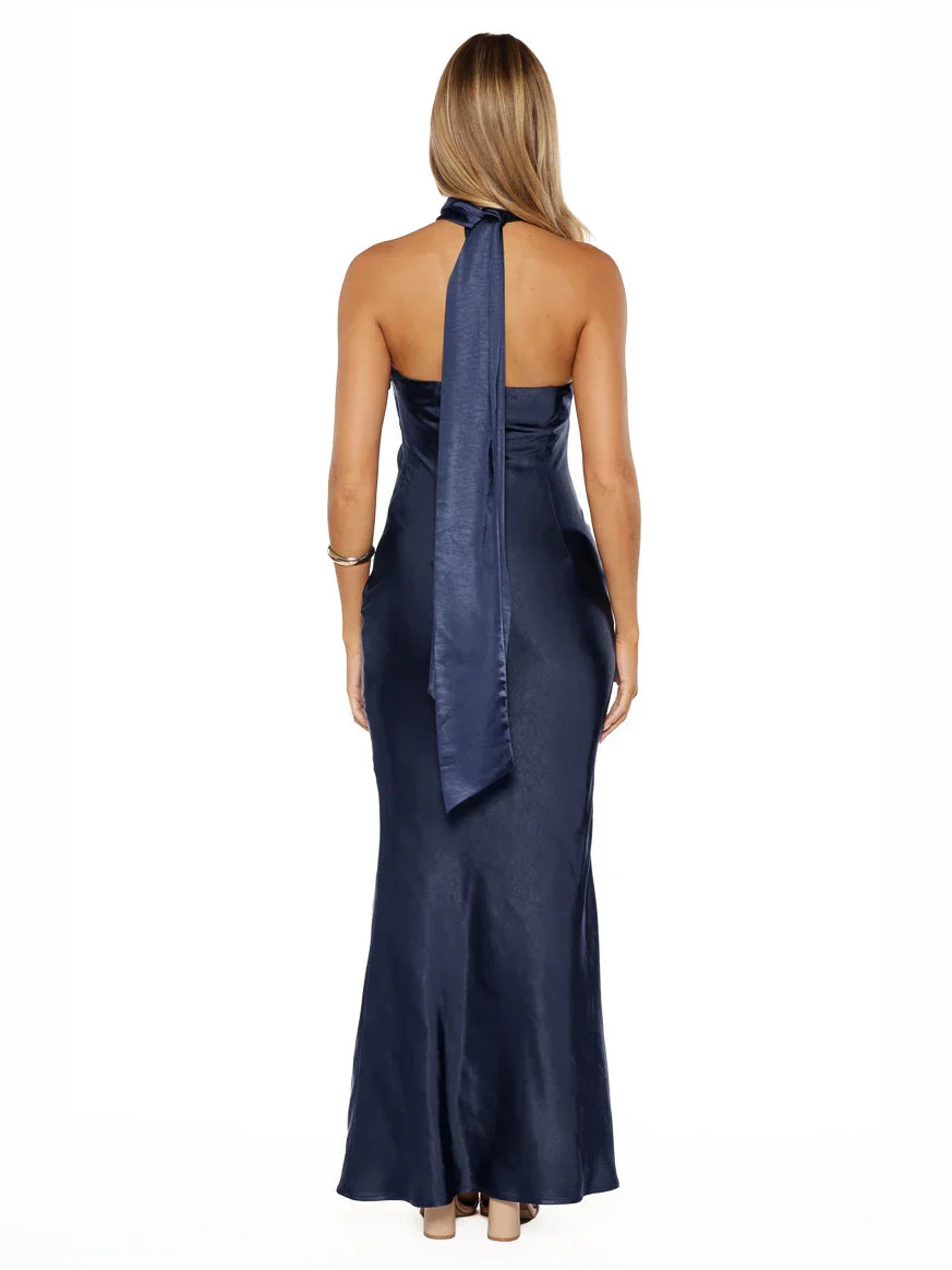 Dark navy satin halter backless mermaid maxi dress, open back and long sash