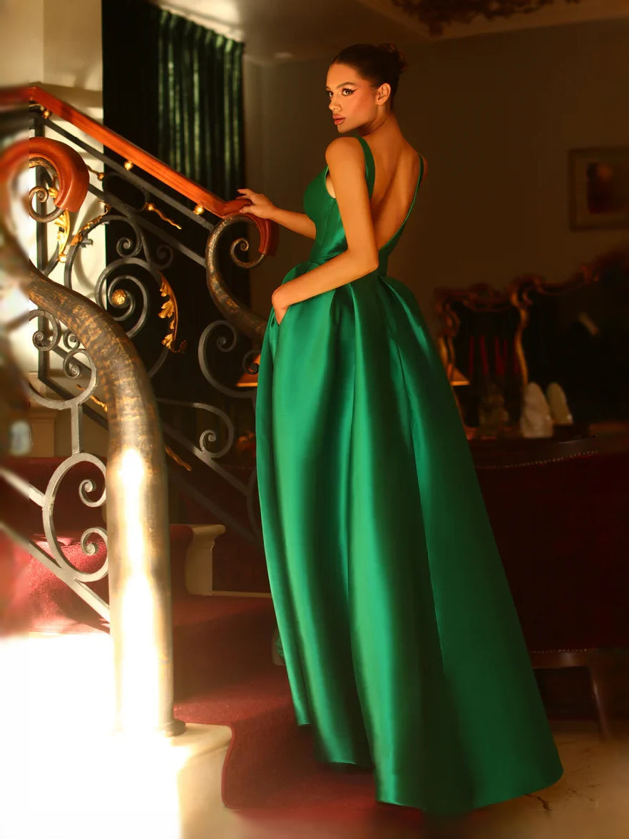 Dark green satin V-neck sleeveless A-line floor-length dress with front slit