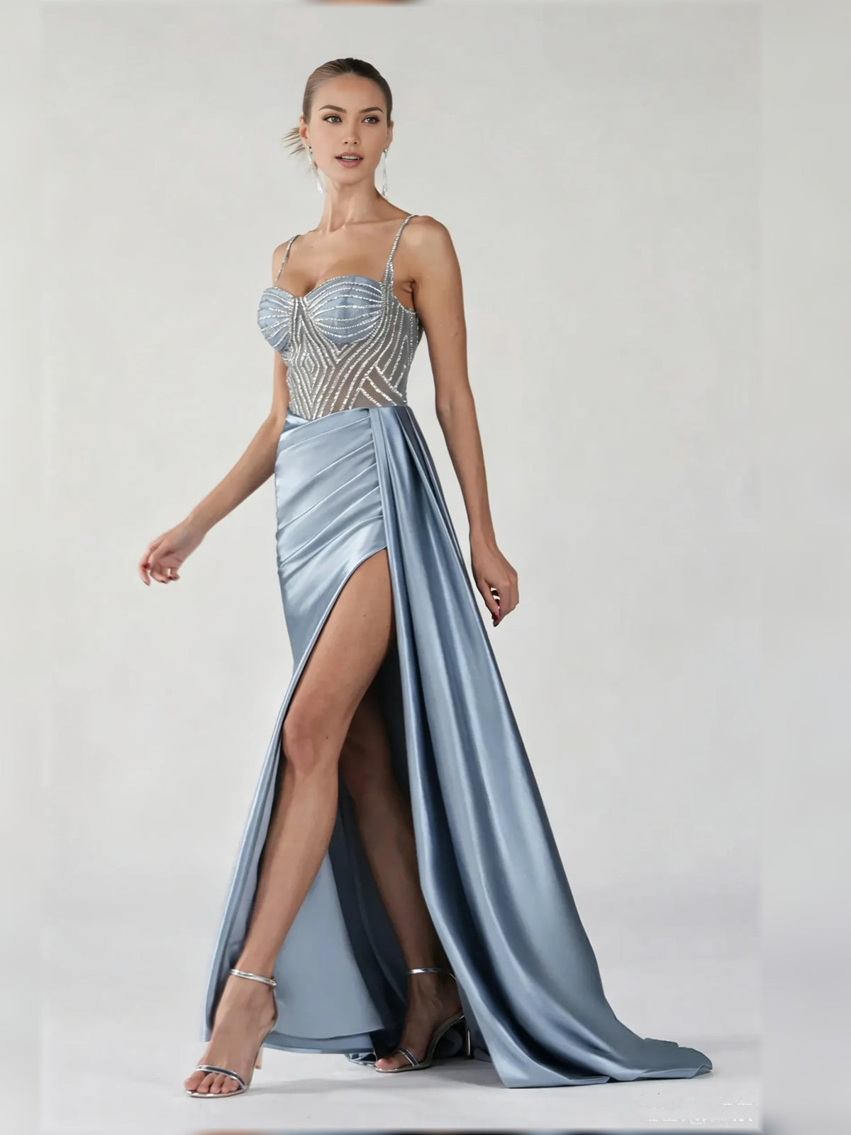 Powder blue satin floor-length dress with sweetheart bodice, spaghetti straps, and side slit
