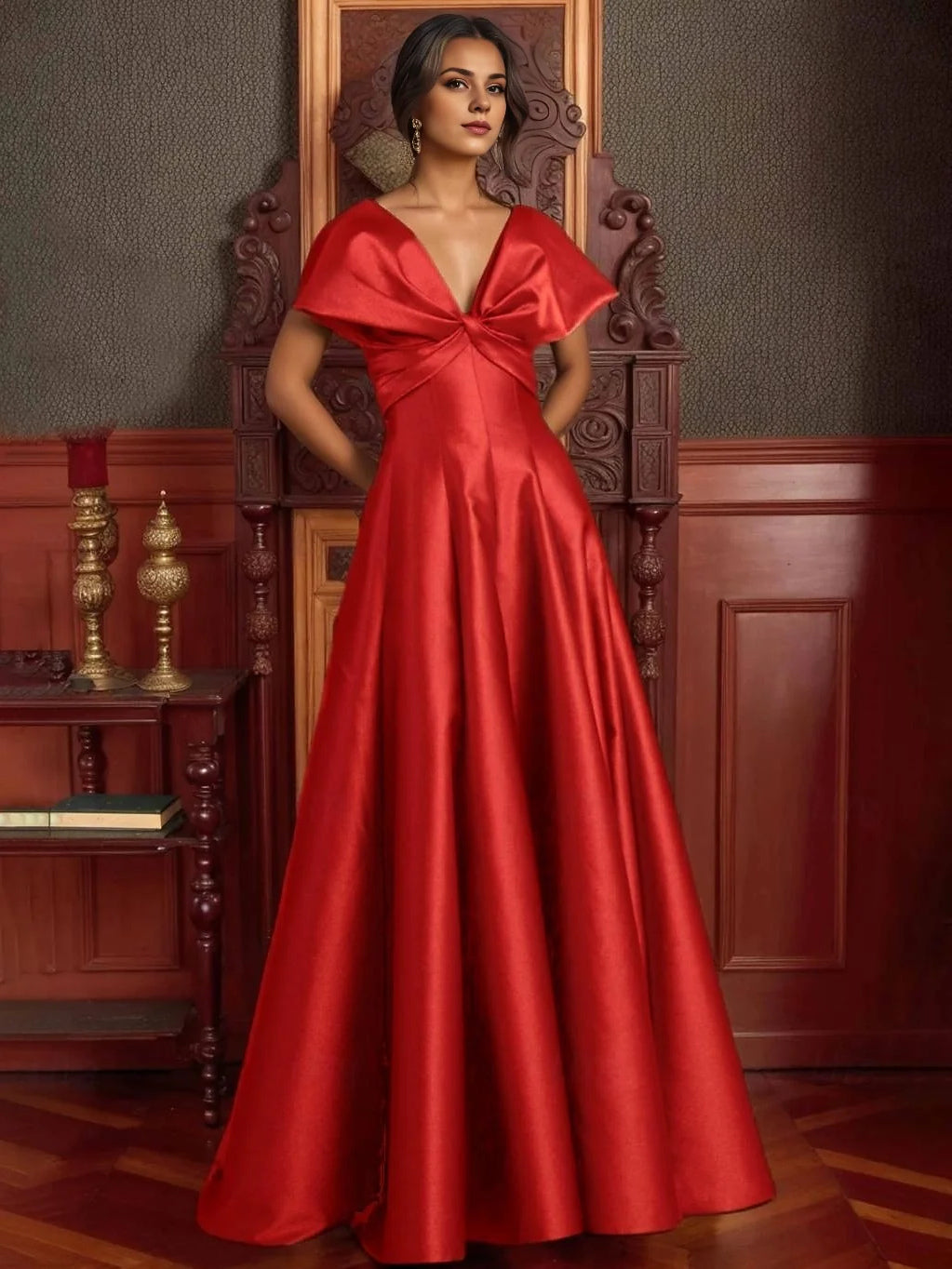 Red satin V-neck A-line prom dress with waist bow and short sleeves