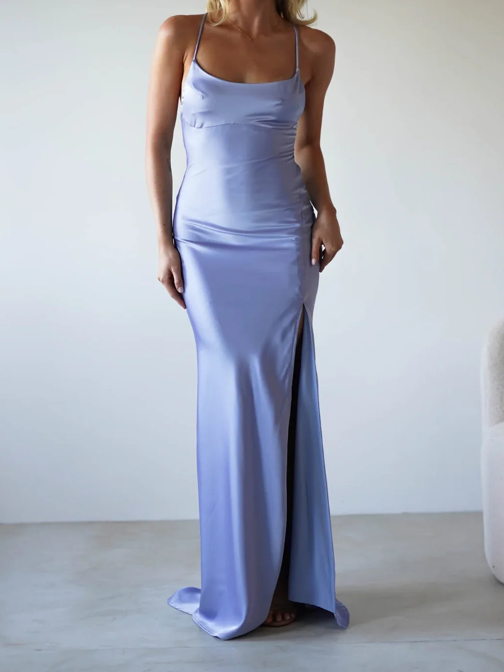 Periwinkle blue satin maxi dress, spaghetti straps, mermaid silhouette with side slit