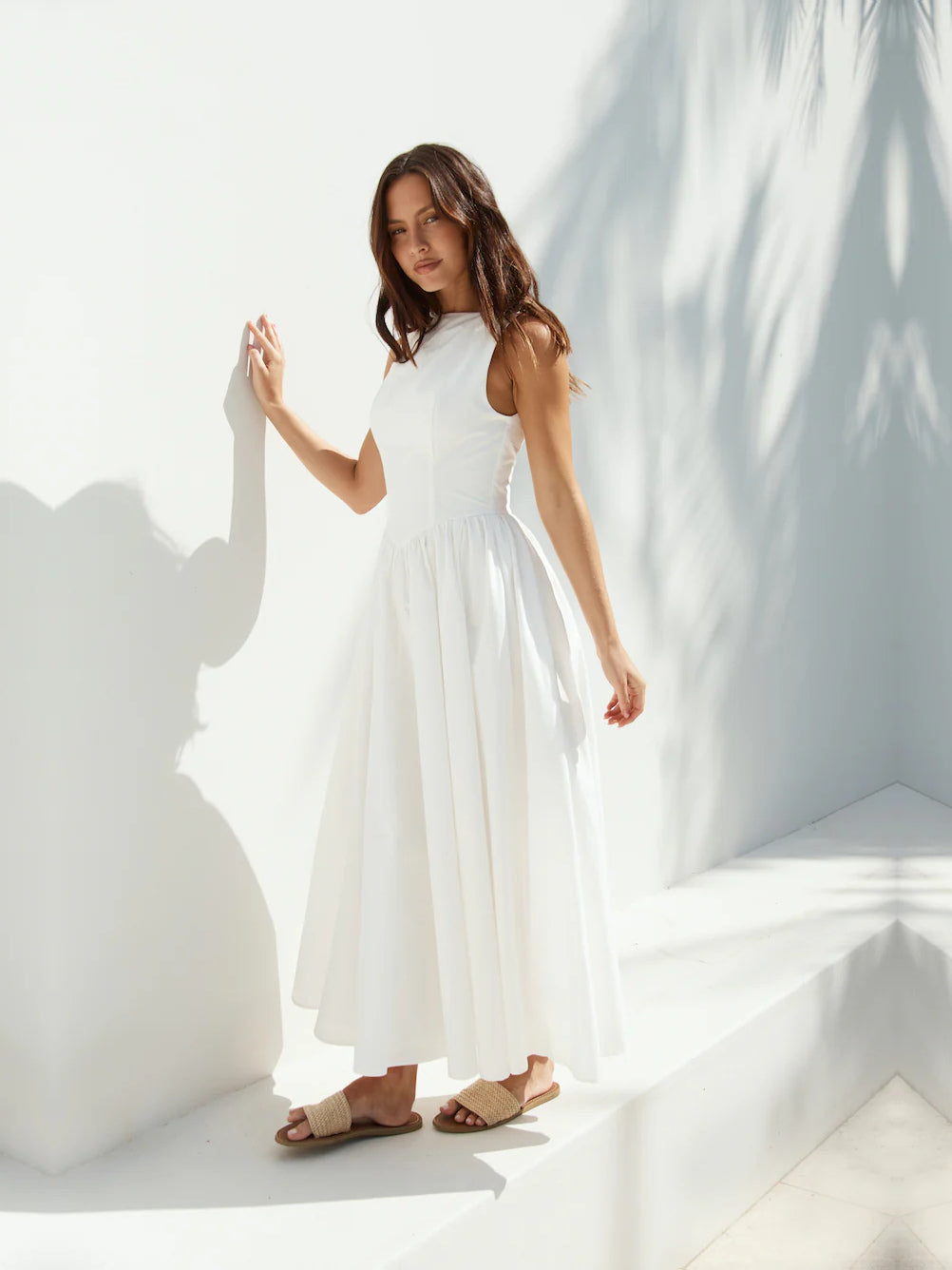 White a-line maxi formal dress with square neckline, alternate view showing the skirt